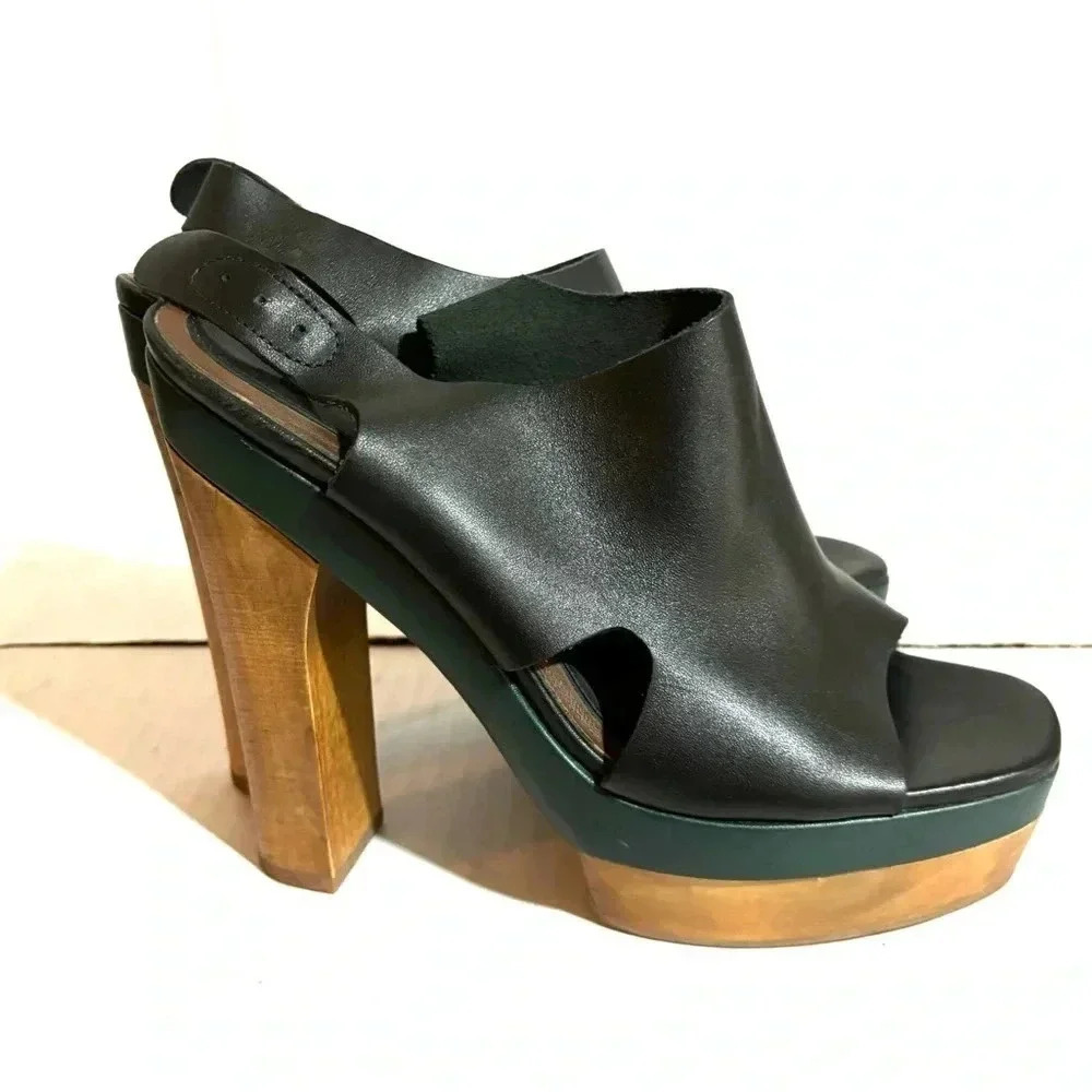 Marni + H&M black green wood leather chunky heel’s platform sandals